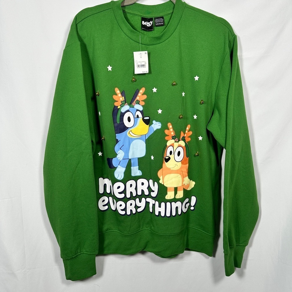 New Bluey festive sweatshirt cozy fleece jingle bell graphic adult medium green - Picture 2 of 11